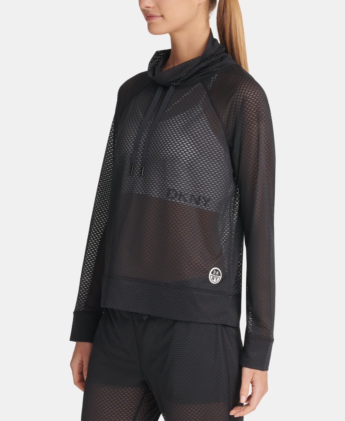 Shop Dkny Sports Women's Honeycomb Mesh Funnel-neck Pullover Top In Black