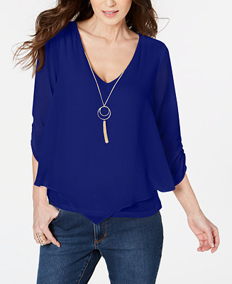 Thalia Sodi Layered Ruched-Sleeve Necklace Top, Created for Macy's - Macy's