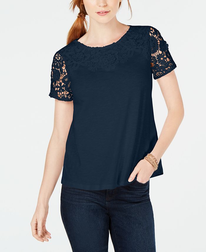 Charter Club Cotton Lace-Embellished T-Shirt, Created for Macy's - Macy's