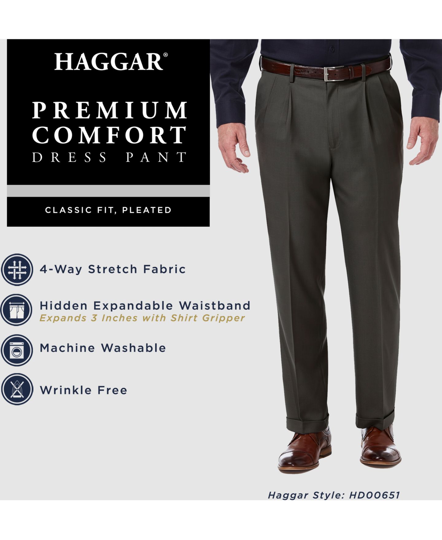 Мужские брюки Haggar Premium Comfort Stretch Classic-Fit Solid Pleated Dress Pants, цвет: Чёрный — фото 6