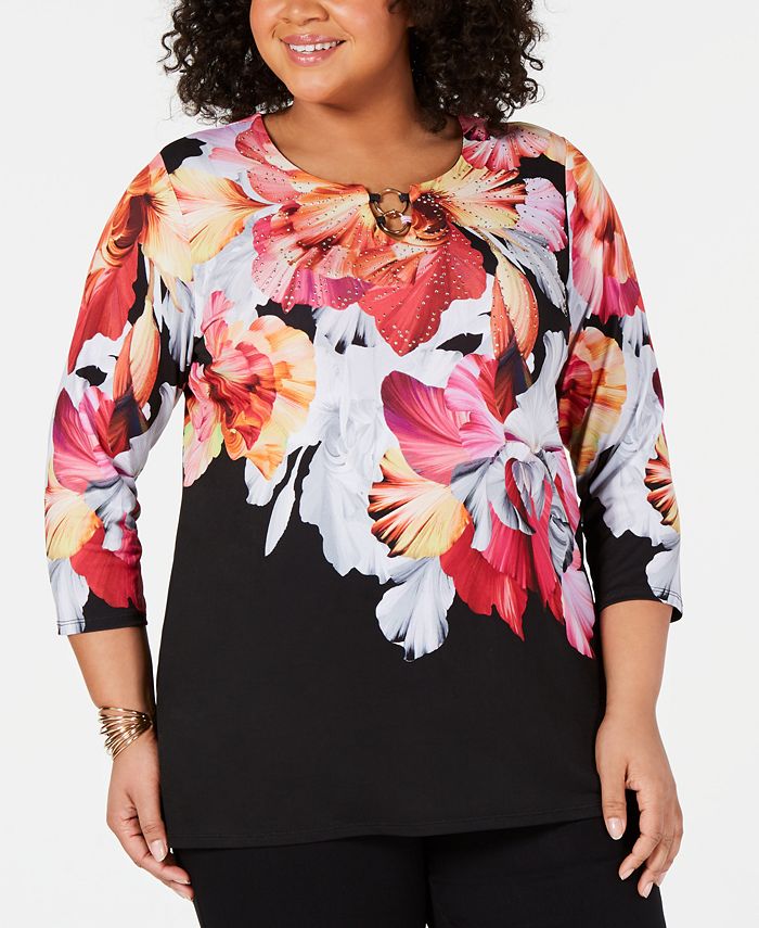 JM Collection Plus Size Studded Printed Top, Created for Macy's - Macy's