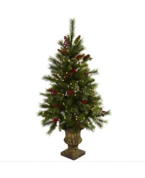 Nearly Natural 4' Christmas Tree With Berries, Pine Cones, Led Lights And Decorative Urn In Green