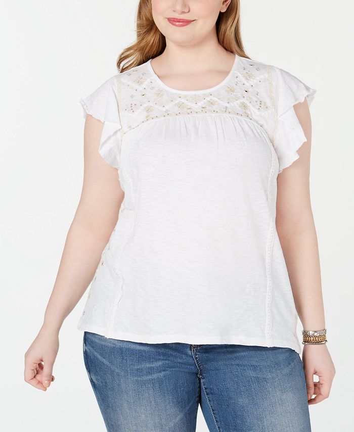 Style & Co Plus Size Cotton Lace-Yoke Cap-Sleeve Top, Created for Macy ...
