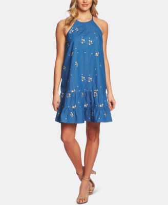 green emerald velvet dress Octavia Linen Blend Dress-Embroidered Chambray