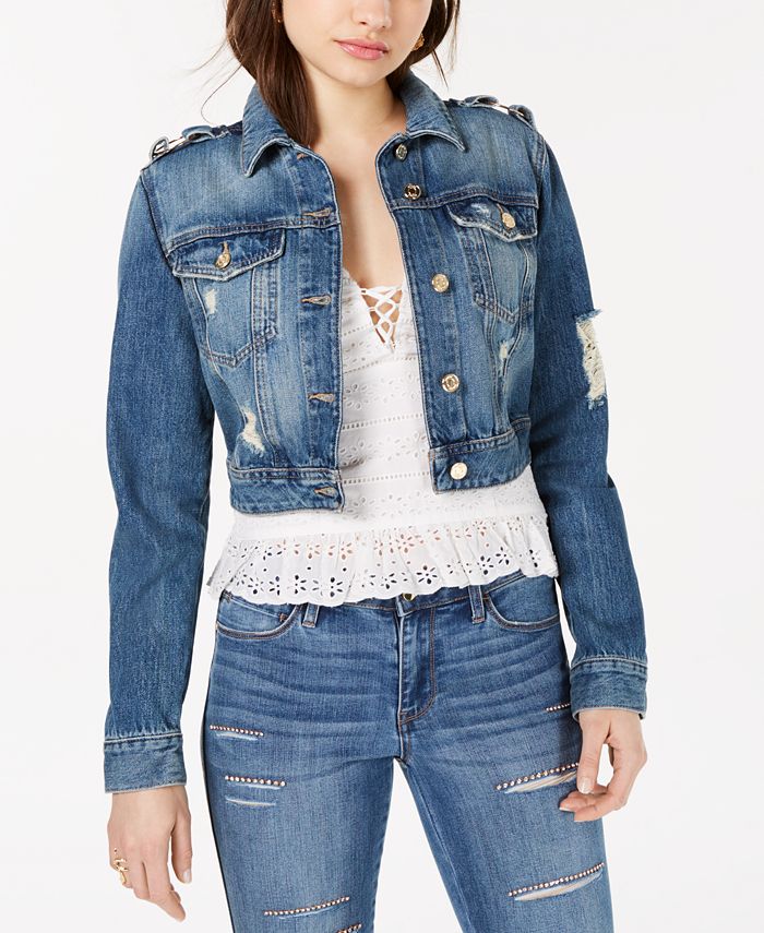GUESS Cotton Ripped Cropped Denim Jacket - Macy's
