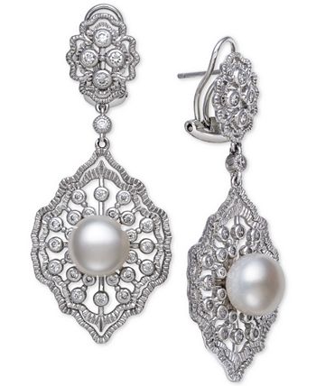 Belle de Mer - Cultured Freshwater Pearl (9-10mm) & Cubic Zirconia Drop Earrings in Sterling Silver, Created for Macy's