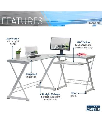 Techni Mobili L-Shaped Glass Top Computer Desk