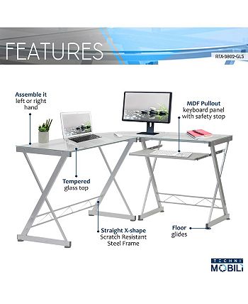 RTA Products - Techni Mobili L-Shaped Glass Top Computer Desk, Quick Ship