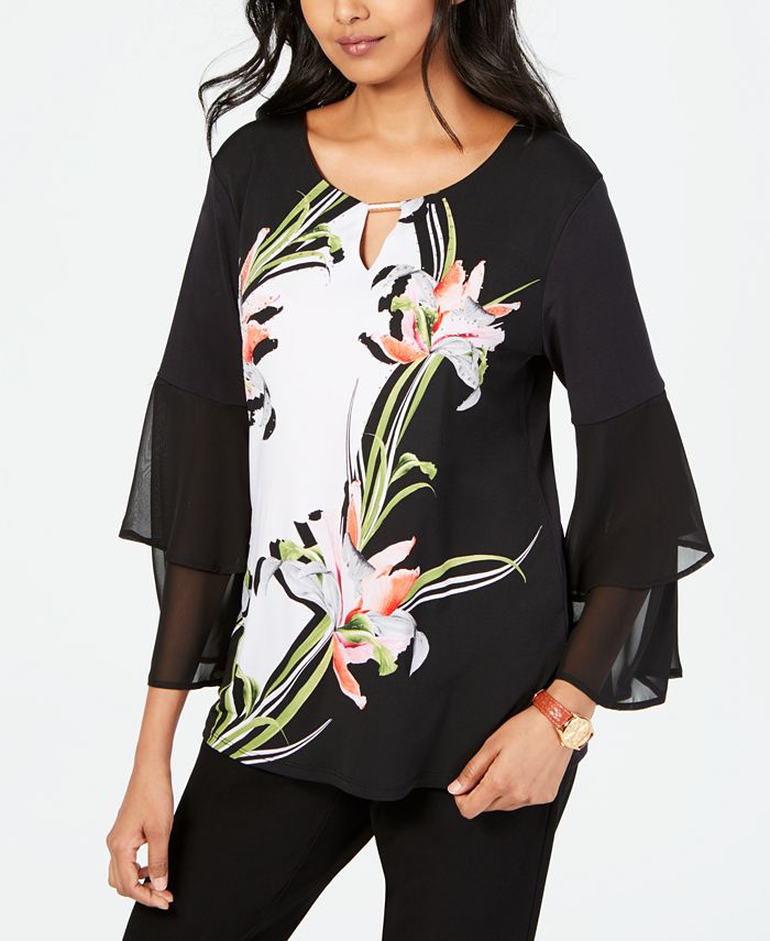 JM Collection Petite Floral Bell-Sleeve Top, Created for Macy's - Macy's