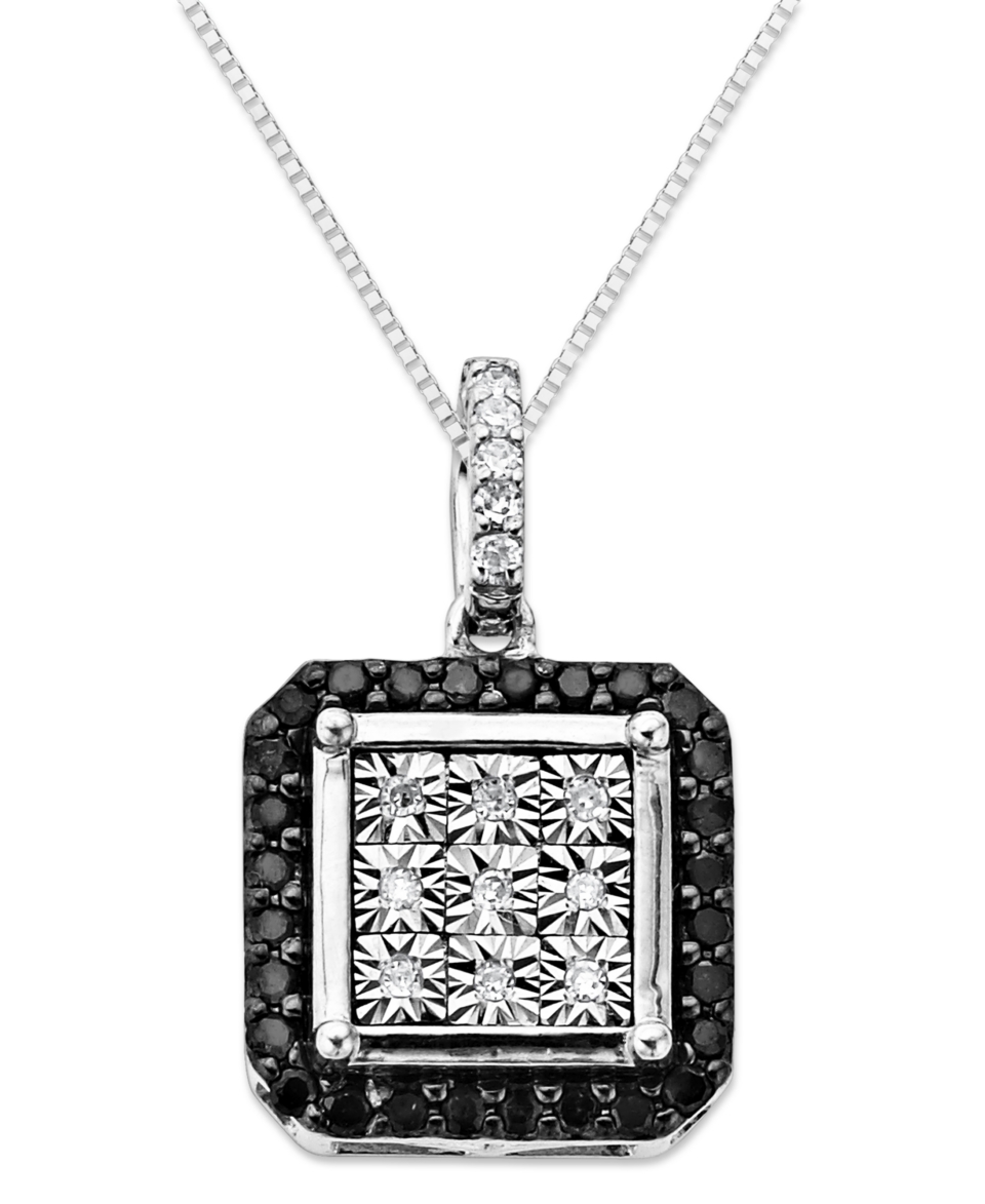 Sterling Silver Necklace, Black and White Diamond Square Pendant (1/5