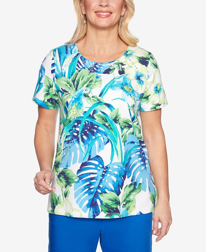 Alfred Dunner Petite Waikiki Embellished Pleated-Neck Printed Top ...