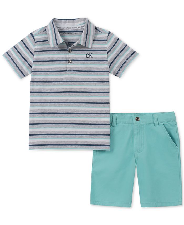 Calvin Klein Baby Boys 2-Pc. Striped Polo Shirt & Twill Shorts Set - Macy's