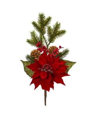 Nearly Natural - 17” Poinsettia, Berry and Pine Artificial Flower Bundle (Set of 6)
