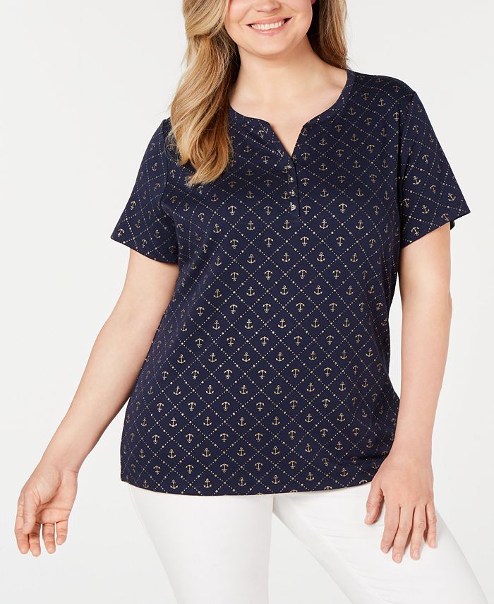 Karen Scott Plus Size Metallic-Print Henley T-Shirt, Created for Macy's ...