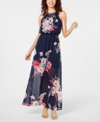 Crystal Doll Juniors' Printed Maxi Dress and Necklace - Macy's