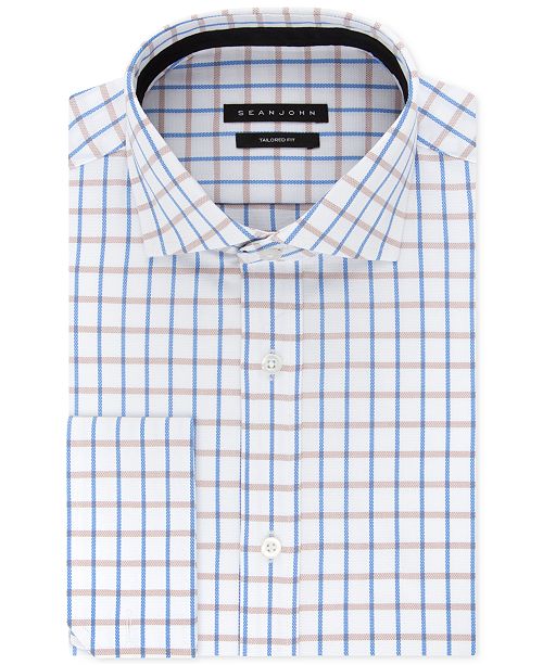 Sean John Men S Classic Regular Fit Blue Tan Check French Cuff