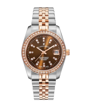 image of Jacques Du Manoir Ladies- Two Tone Silver or Gold Rose Stainless Steel Bracelet with Twotone Case and Brown Sunray Dial and Diamond Markers and Bezel, 36mm