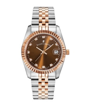 image of Jacques Du Manoir Ladies- Two Tone Silver or Gold Rose Stainless Steel Bracelet with Goldtone Case and Brown Sunray Dial and Diamond Markers, 36mm