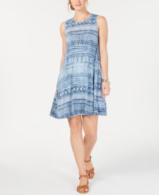 Style & Co Printed Sleeveless Swing Dress Blue Size XS