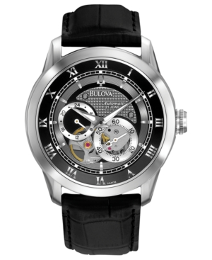 Bulova Men's Automatic Mechanical Black Leather Strap Watch 42mm 96A135