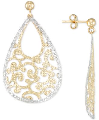 Italian Gold - Filigree Drop Earrings in 14k Gold & 14k White Gold