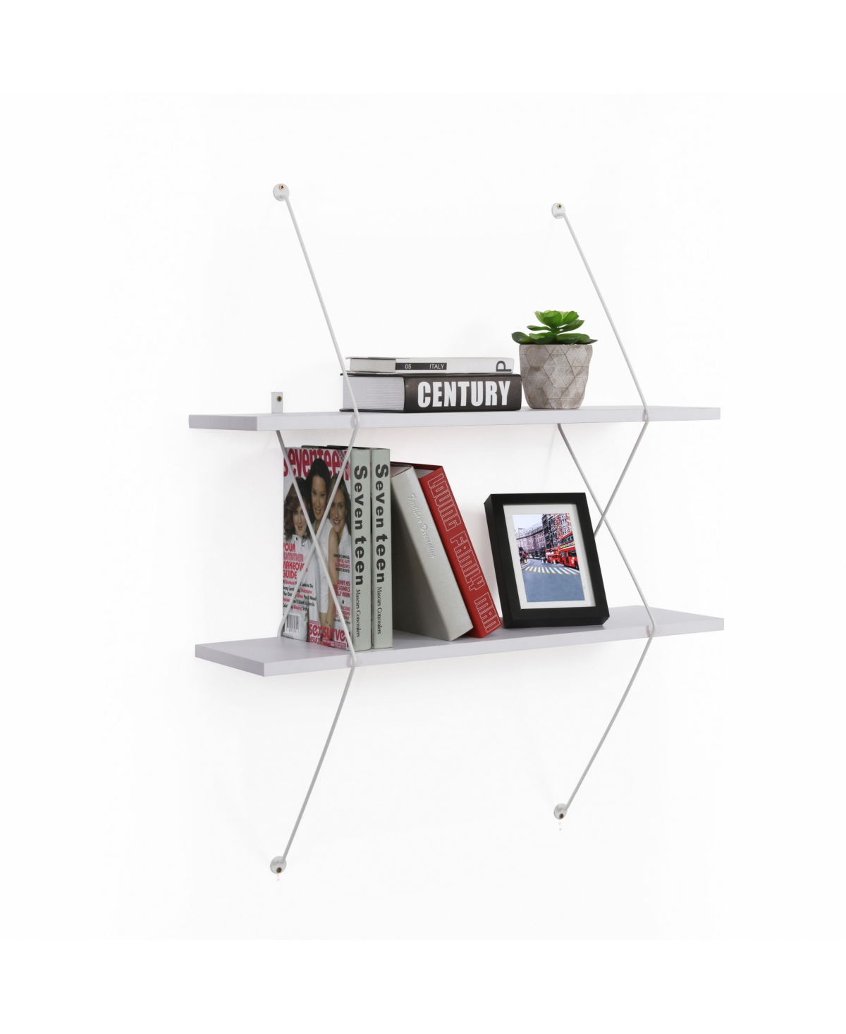 Danya B. Contemporary Two Level White Shelving System with Wire Brackets - White