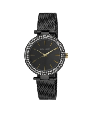 image of Laura Ashley Ladies- T-Bar Case Double Stone Bezel Black Mesh Band Watch