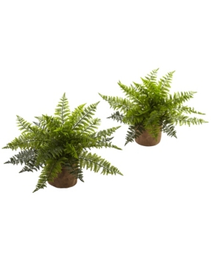 Nearly Natural 15" Ruffle Fern Bush W/burlap Base, Set Of 2 In Green