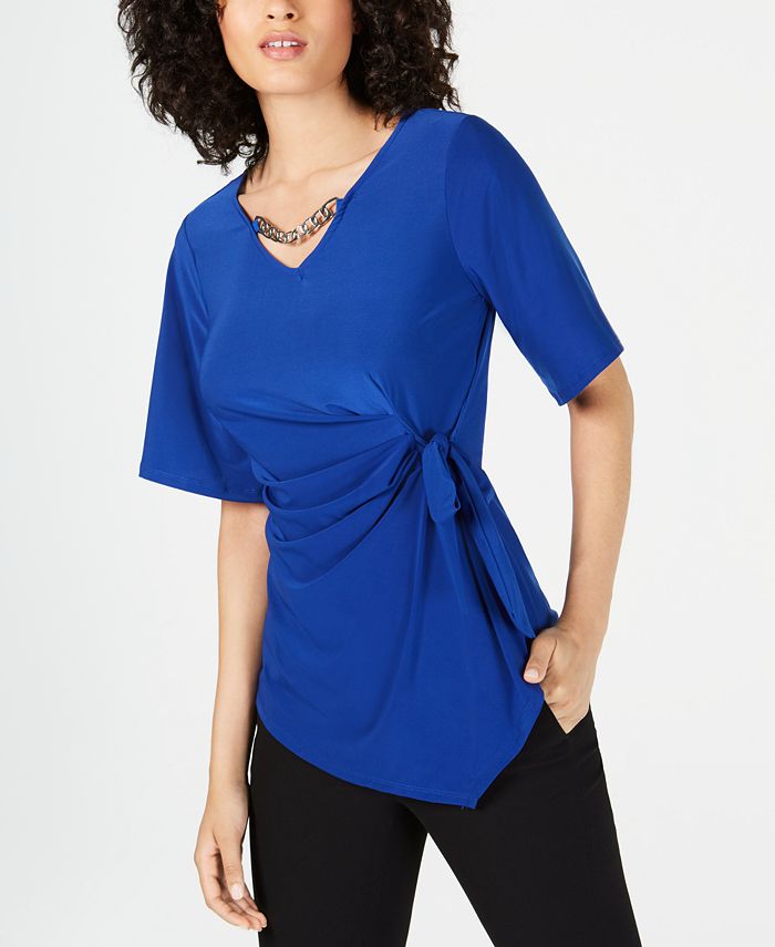 NY Collection Petite Embellished Tie-Waist Top - Macy's
