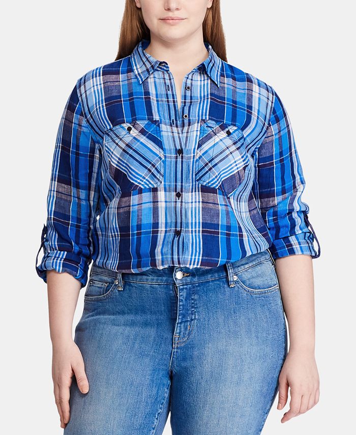 Lauren Ralph Lauren Plus Size Plaid Linen Shirt - Macy's