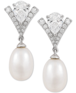 image of Arabella Cultured Freshwater Pearl (8mm) & Swarovski Zirconia Drop Earrings in Sterling Silver, Created for Macy-s