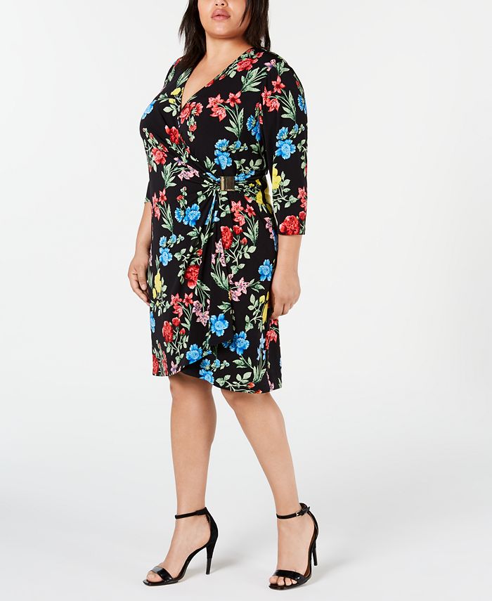 Calvin Klein Plus Size Floral-Print Faux-Wrap Dress - Macy's