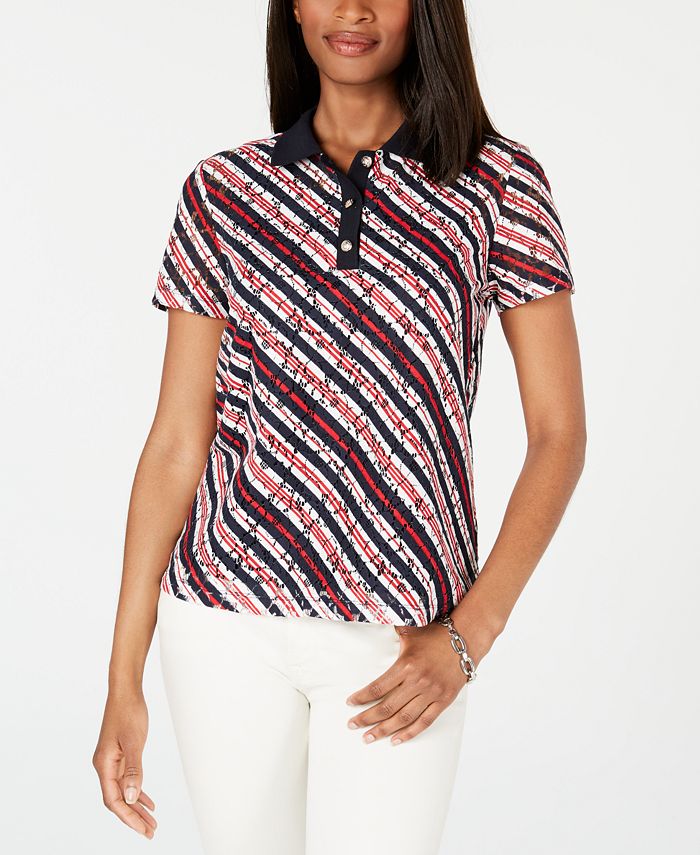 Tommy Hilfiger Perforated AsymmetricStriped Polo Top, Created for Macy's Macy's