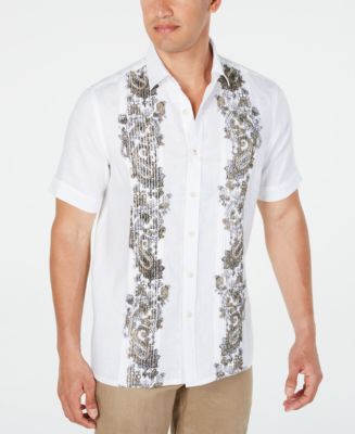 Tasso Elba Men's Pintucked Paisley Panel Linen Shirt, Created for Macy ...