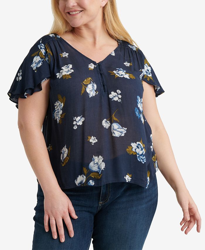 Lucky Brand Plus Size Printed Flutter-Sleeve Top - Macy's