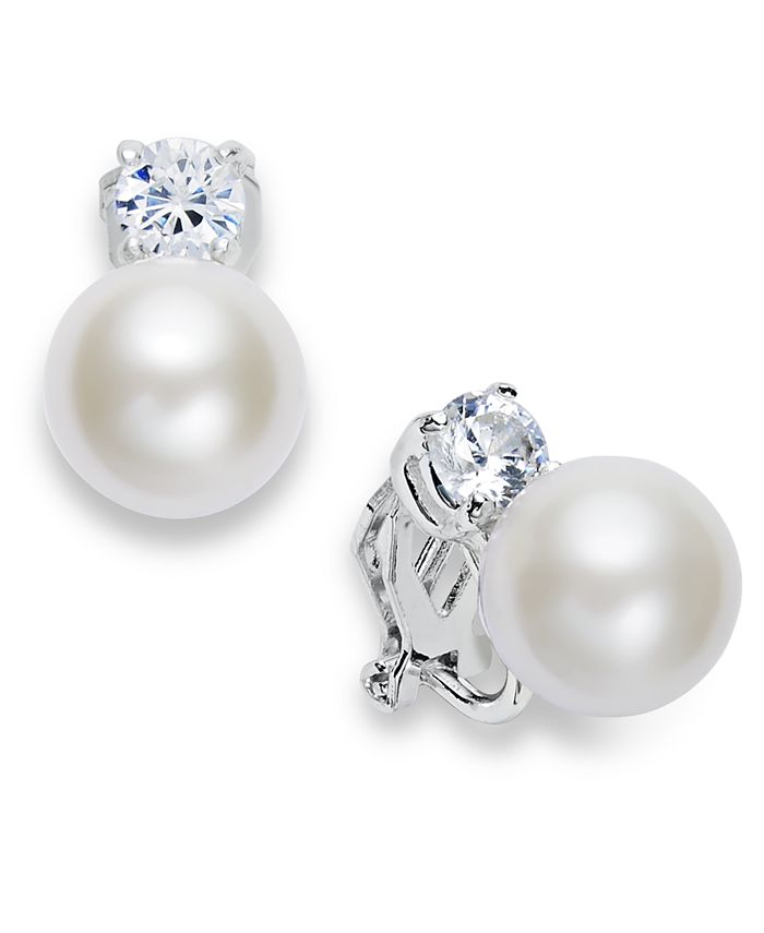 Ralph Lauren Silver-Tone Glass Pearl and Crystal Clip on Earrings - Silver