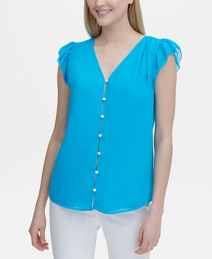 Calvin Klein Button-Front Flutter-Sleeve Top - Macy's