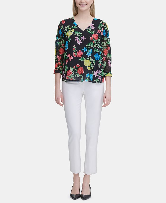Calvin Klein Floral V-Neck Blouse Pink Size XS