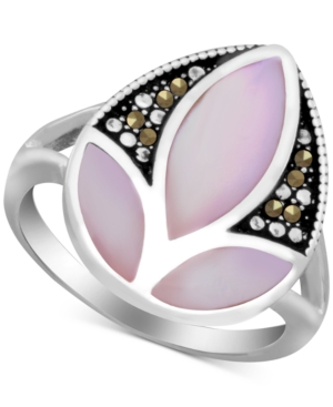 image of Pink Shell & Marcasite Ring in Fine Silver-Plate