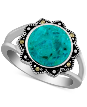 image of Reconstituted Turquoise & Marcasite Ring in Fine Silver Plate