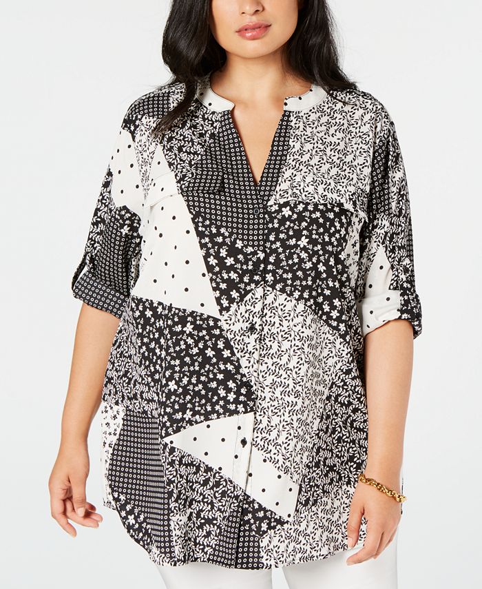 Calvin Klein Plus Size Patchwork-Print Roll-Sleeve Top - Macy's