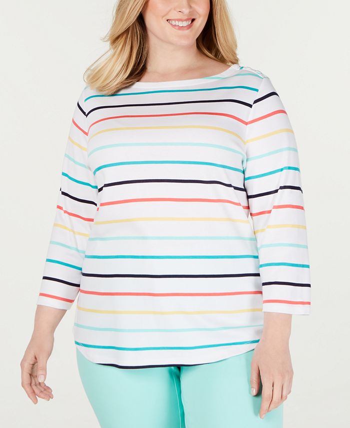 Charter Club Plus Size Cotton Striped 3/4-Sleeve Top, Created for Macy ...