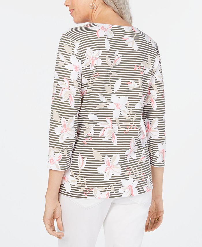 Karen Scott Womens Vine Print 3 4 Sleeve Top Beige Size Large main image 1