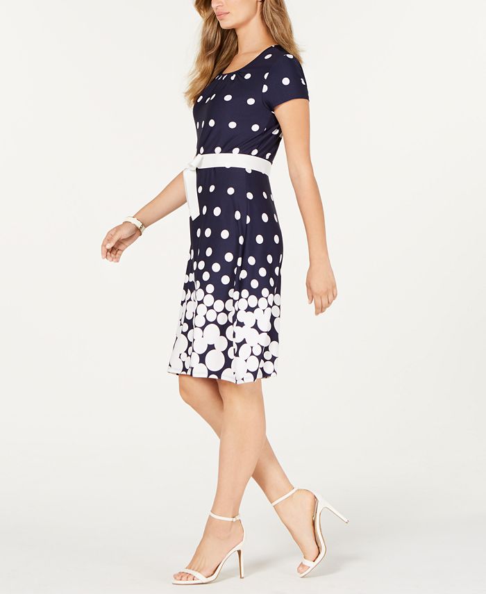 NY Collection Petite Belted Polka-Dot Dress - Macy's