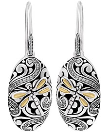 Sweet Dragonfly Classic Sterling Silver Earrings Embellished by 18K Gold Accents on 4 Strips of Dragonfly's Wings and White Cubic Zirconia