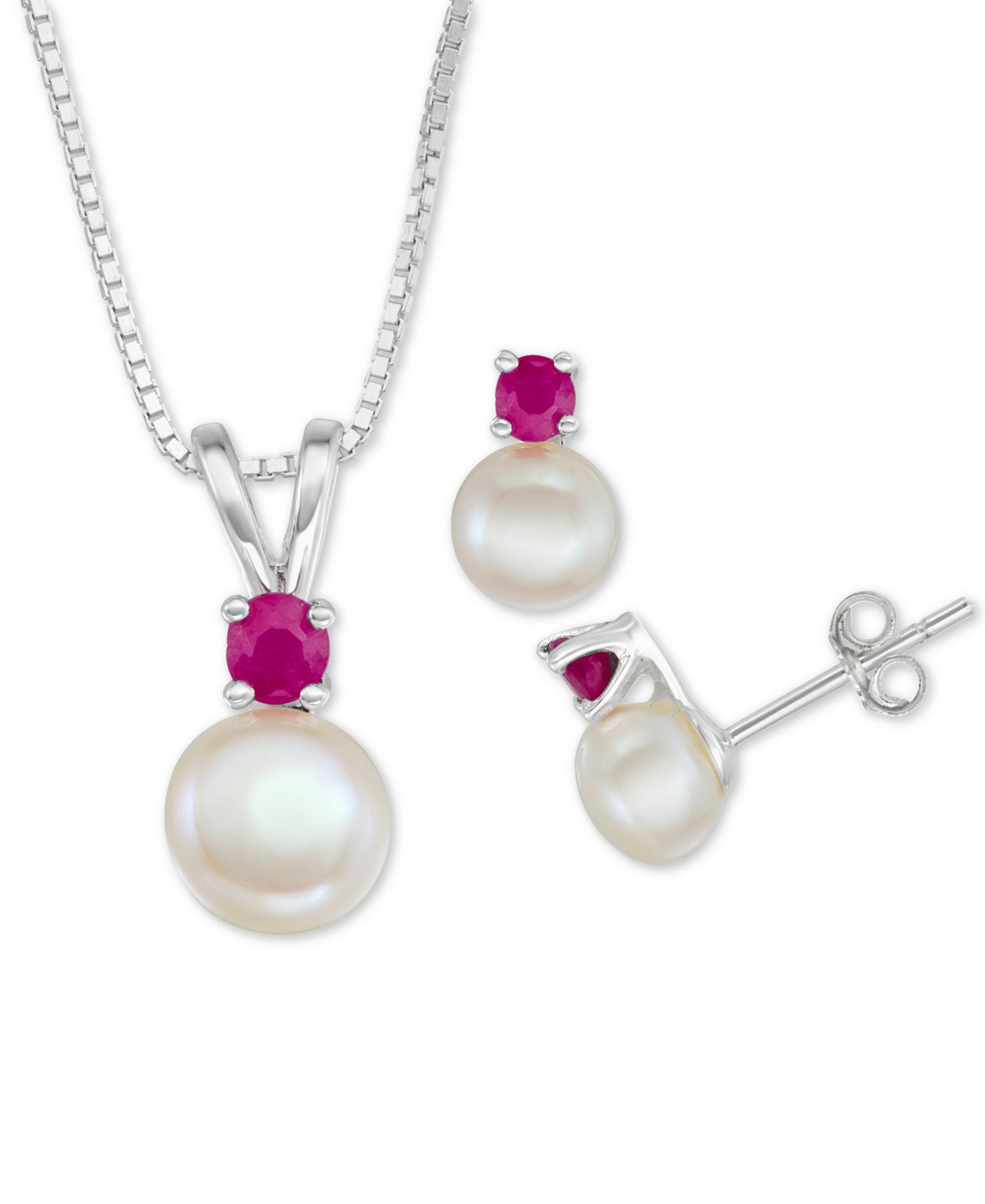 Cultured Freshwater Pearl (6mm-7mm) & Sapphire (1/2 ct. t.w.) 18" Pendant Necklace & Stud Earrings Set in Sterling Silver