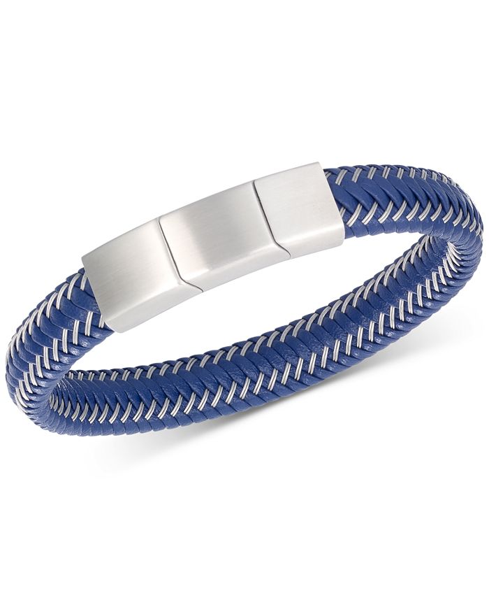 LEGACY for MEN by Simone I. Smith - Men's Blue Leather Braided Bracelet in Stainless Steel