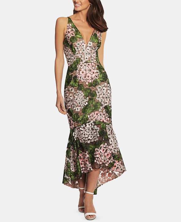 xscape floral tiered chiffon gown