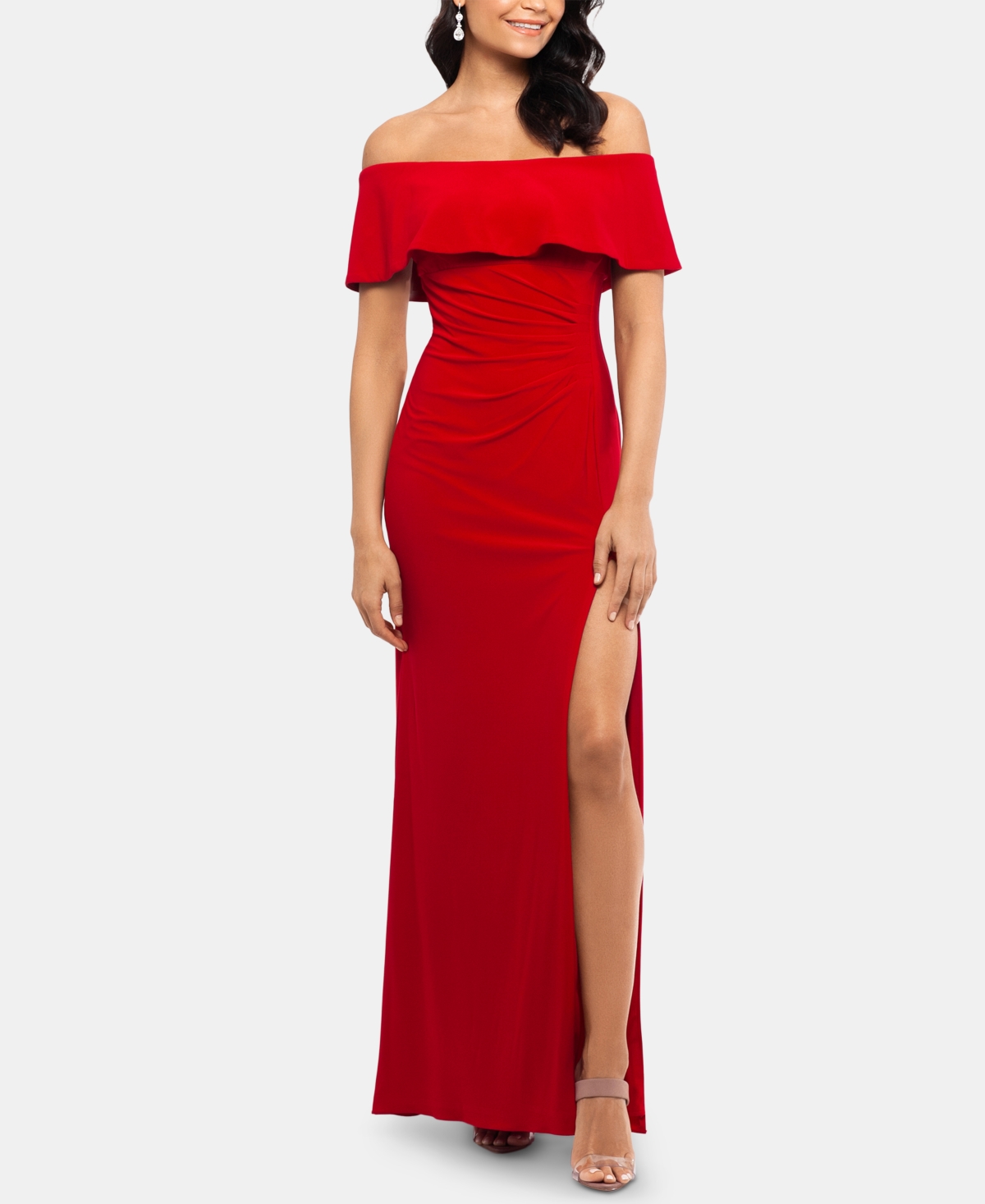 XSCAPE X BY XSCAPE RUFFLED OFF-THE-SHOULDER GOWN 
