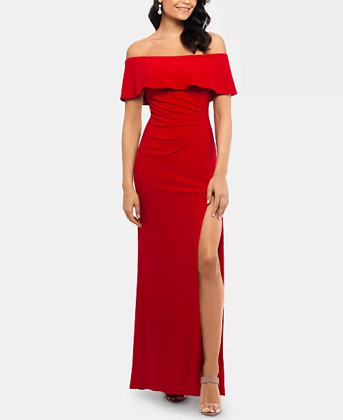 ruffled off-the-shoulder gown